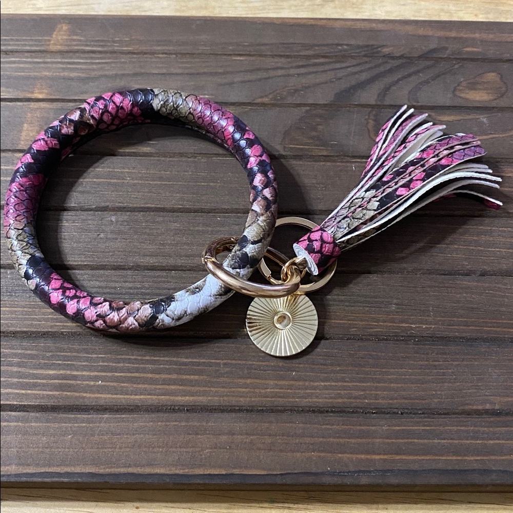 Snake Print Keychain Bracelet with Gold Accent and Fringe Tassel